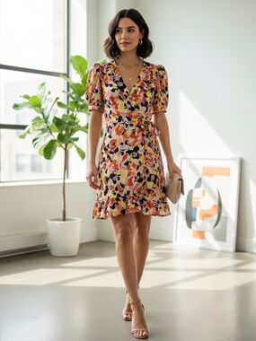 FRNCH Paris Floral Wrap Mini Dress S Puff Sleeve Ruffle Hem Viscose Elegant Chic